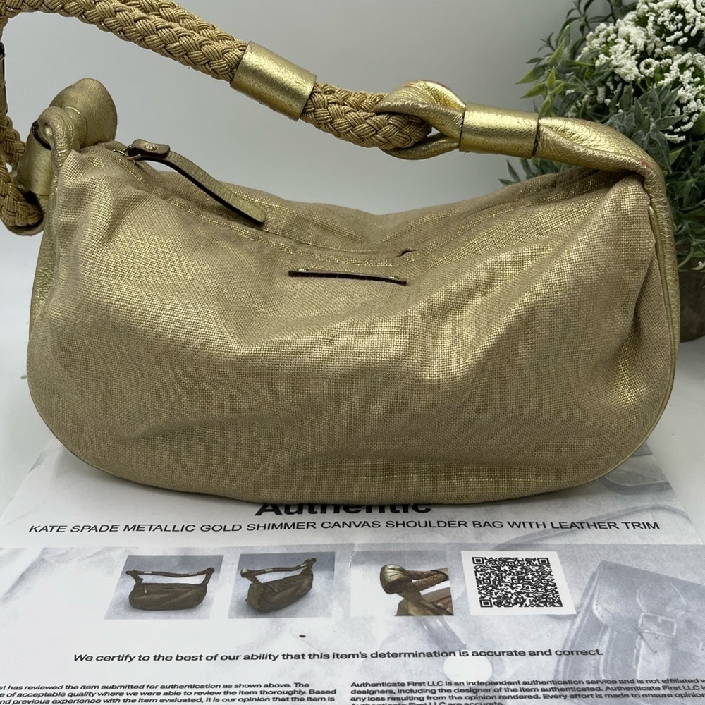 Authenticated Kate Spade Gold Metallic Glitter Canvas Leather Gabi Avalon Hobo‎